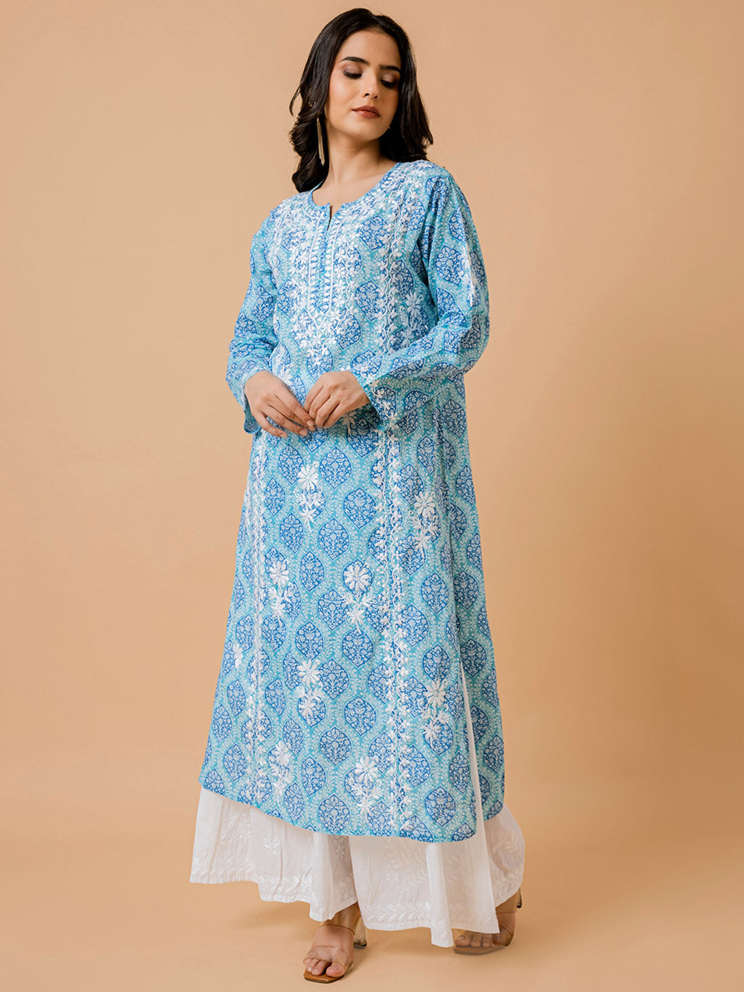 HOUSE OF KARI Ethnic Motifs Printed Cotton Panelled Chikankari Kurta | Swadesiicart