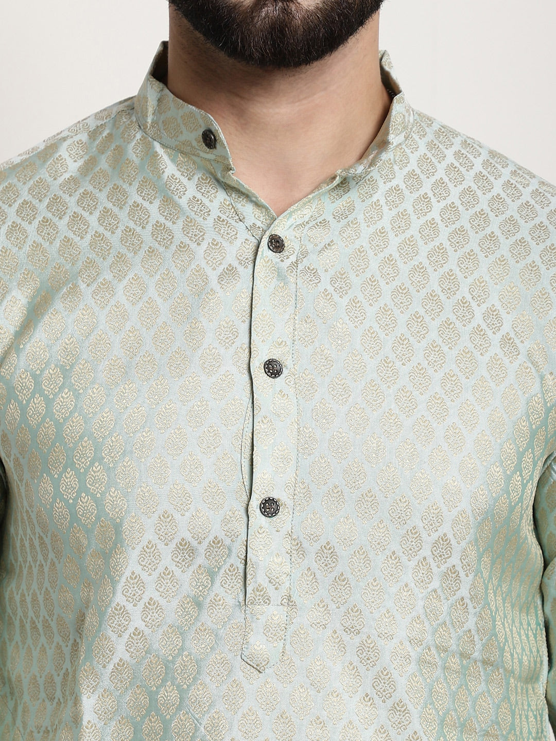 Sojanya Men Green & Beige Ethnic Motifs Jacquard Woven Design Straight Kurta | Swadesiicart
