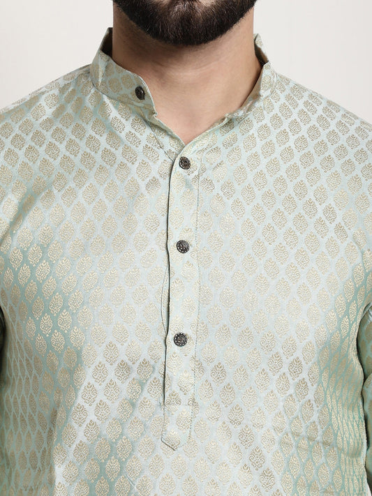 Sojanya Men Green & Beige Ethnic Motifs Jacquard Woven Design Straight Kurta | Swadesiicart