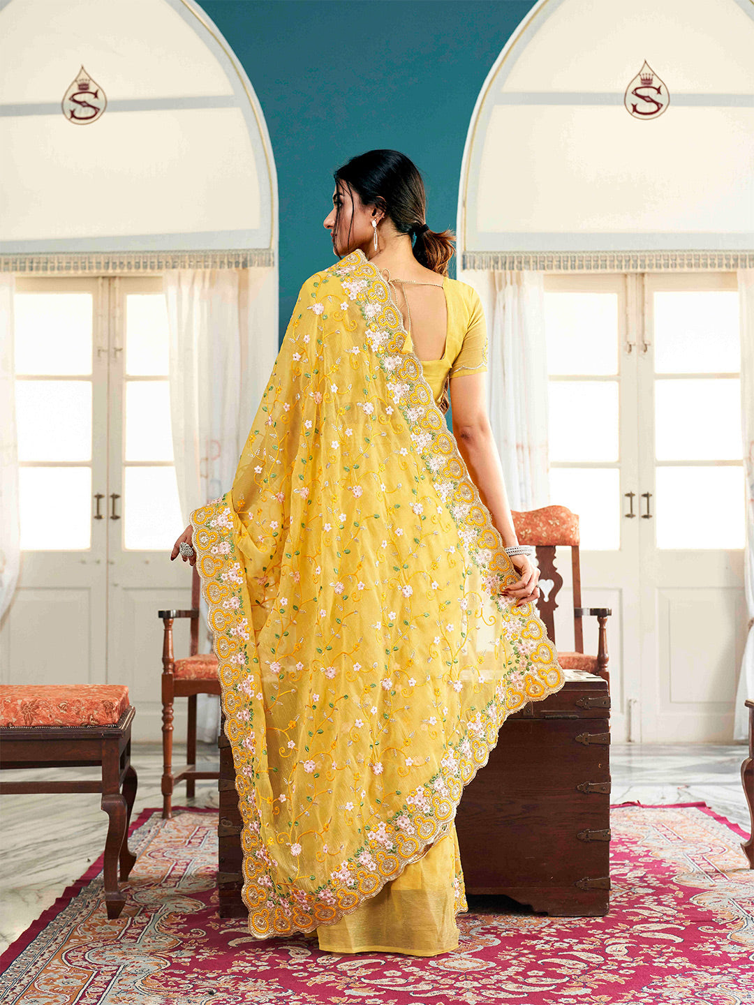 Tikhi Imli Yellow Ethnic Motifs Beads and Stones Embroidered Saree | Swadesiicart