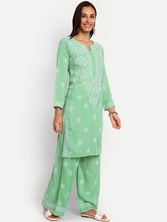 ADA Floral Embroidered Long Sleeves Regular Lucknowi Chikankari Kurta With Palazzos | Swadesiicart