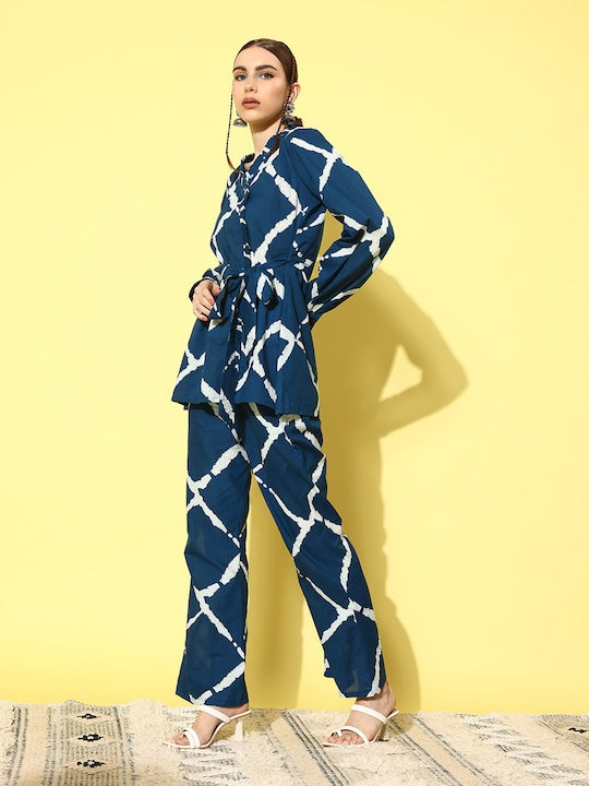 InWeave Women's Indigo Criss Cross Belted Coord Set - Swadesiicart