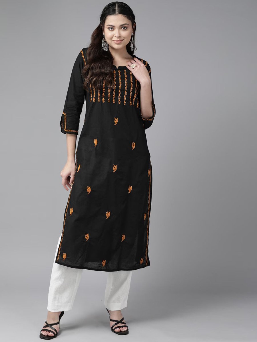 ADA Ethnic Motifs Embroidered Chikankari Cotton Straight Kurta | Swadesiicart