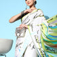 Tikhi Imli Off White & Green Abstract Print Satin Saree | Swadesiicart