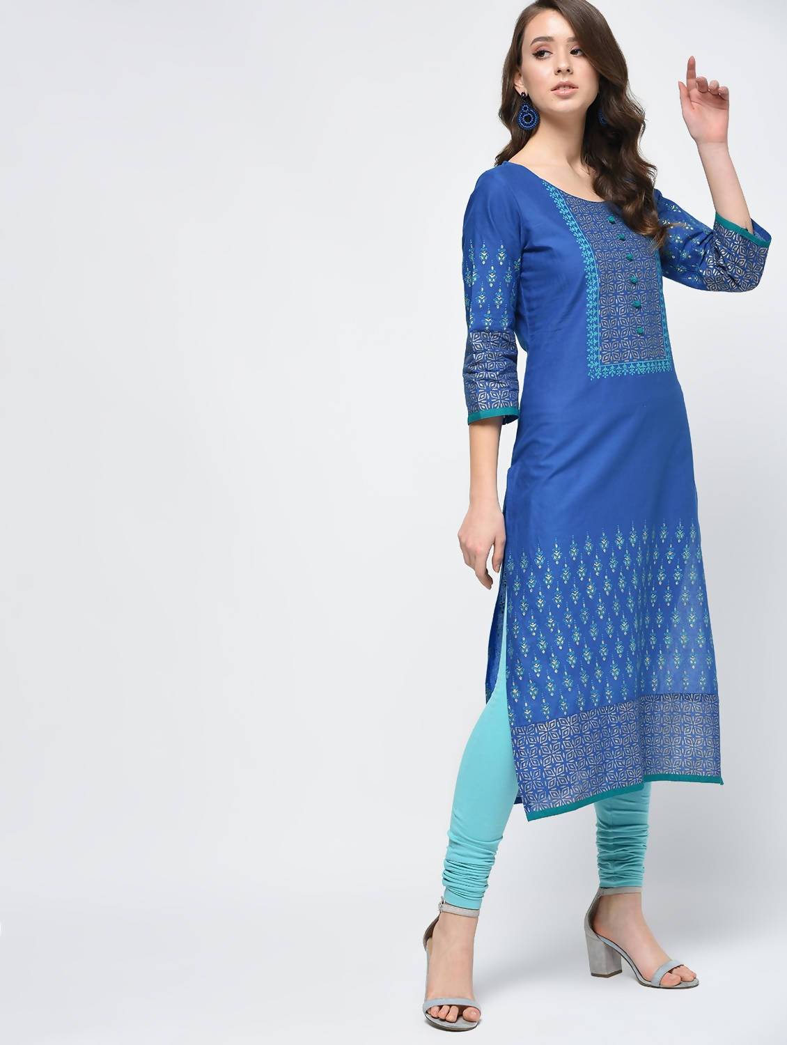 Indian Clothing Cheera Hand Block Print Royal Blue Color Straight Kurta | Swadesiicart