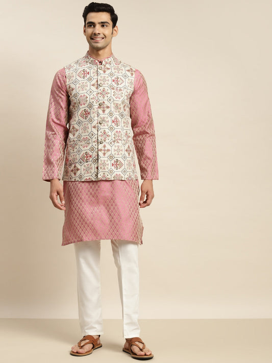 Sojanya Men Pink Ethnic Motifs Kurta with Churidar & Nehru Jacket | Swadesiicart