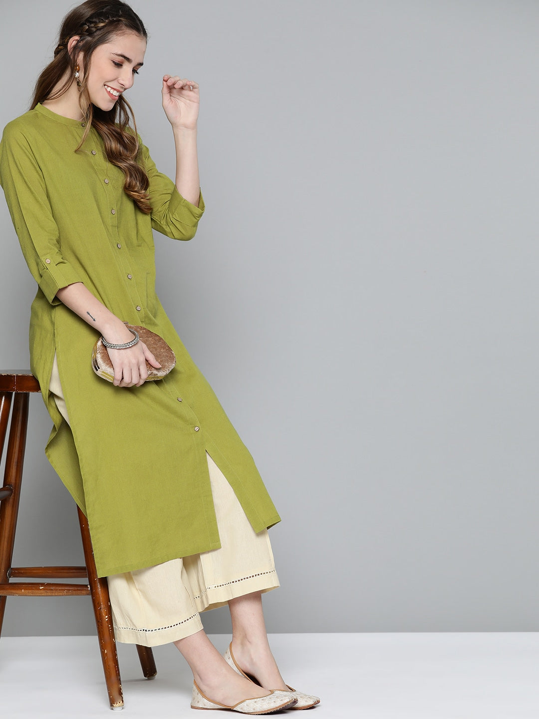HERE&NOW Women Olive Green Solid Pure Cotton Kurta - Swadesiicart