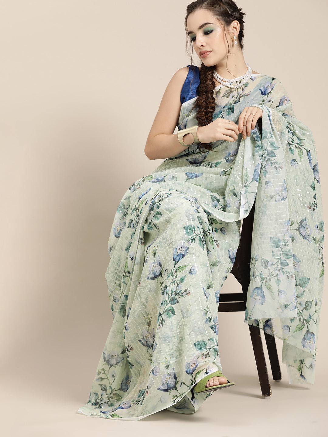 Saree Mall Blue Floral Sequinned Linen Blend Chanderi Saree | Swadesiicart