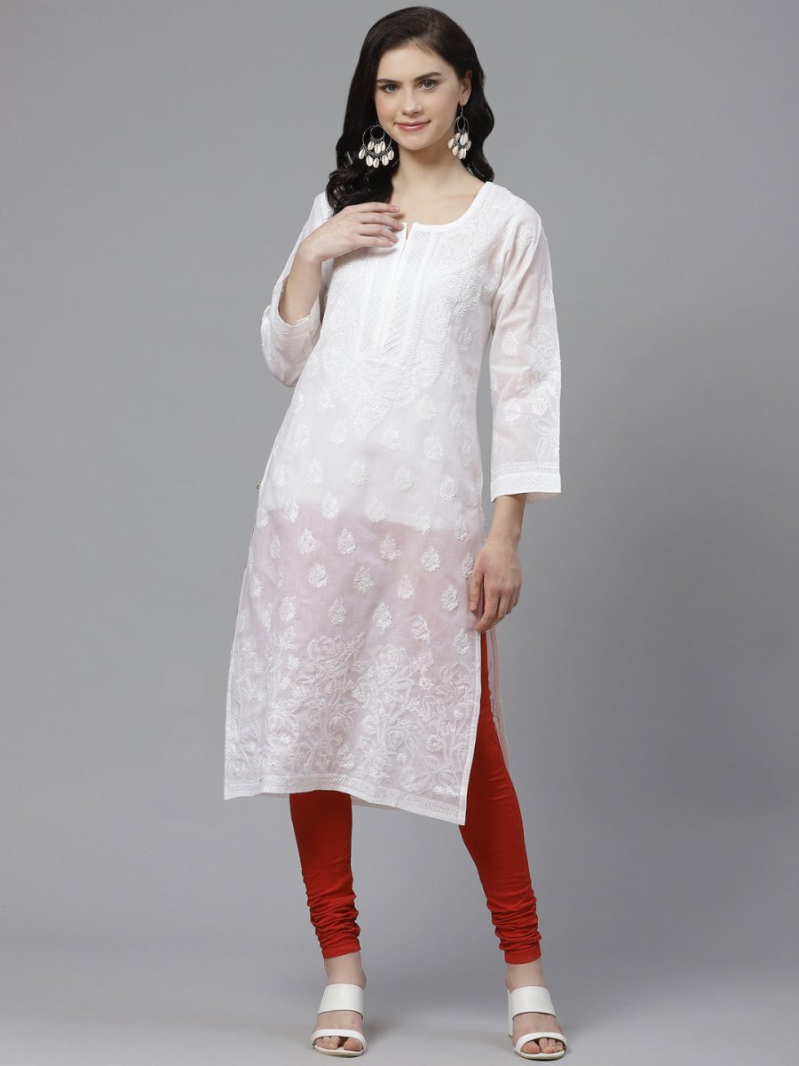 ADA Women White Chikankari Embroidered Sustainable Handloom Kurta with Churidar | Swadesiicart