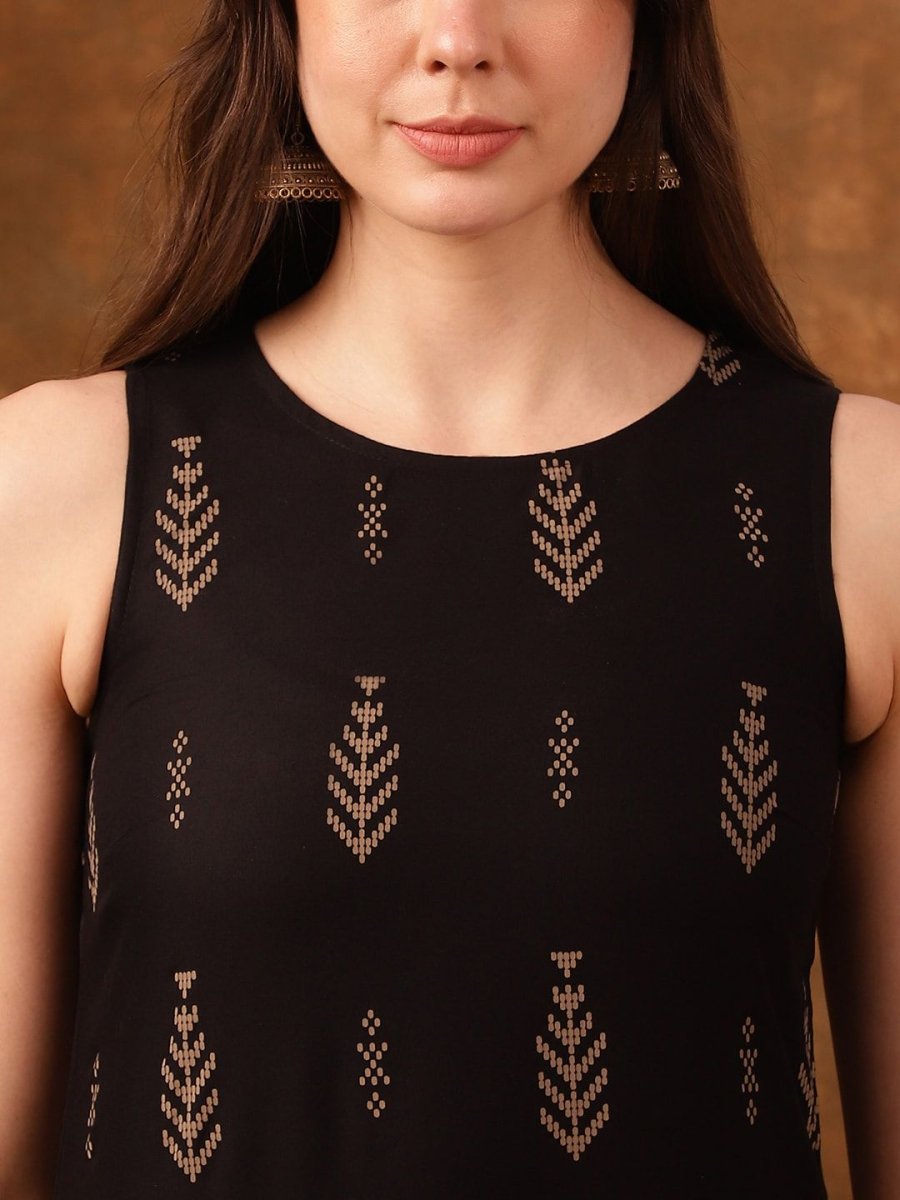 Anouk Black Ethnic Motifs Printed Sleeveless Straight Kurta - Swadesiicart