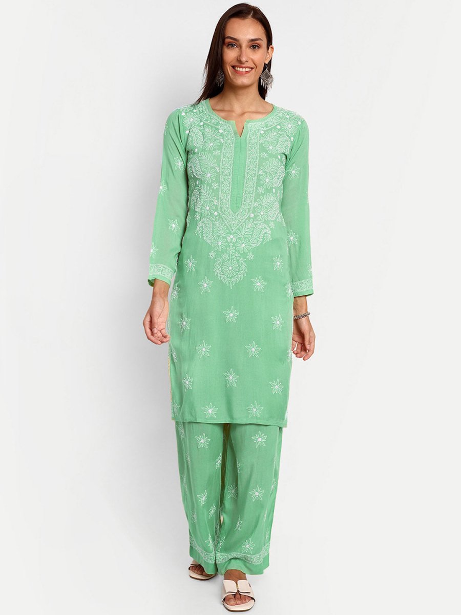 ADA Floral Embroidered Long Sleeves Regular Lucknowi Chikankari Kurta With Palazzos | Swadesiicart
