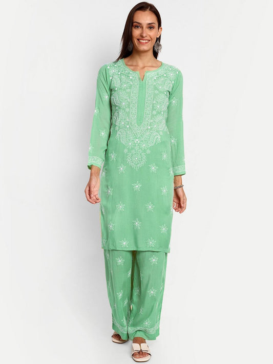 ADA Floral Embroidered Long Sleeves Regular Lucknowi Chikankari Kurta With Palazzos | Swadesiicart