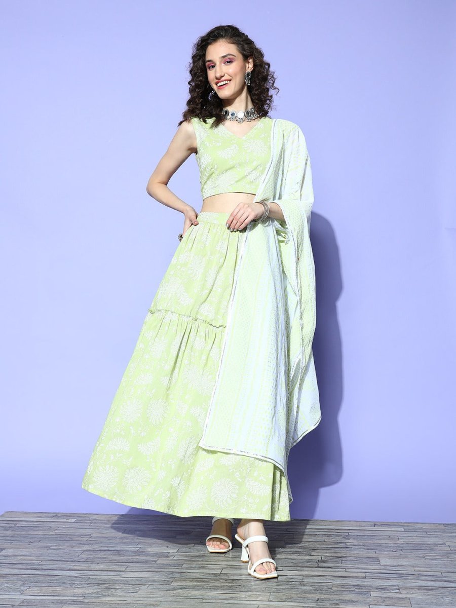 Ahalyaa Pure Cotton Green & White Printed Khari Print Ready to Wear Lehenga & Blouse With Dupatta | Swadesiicart