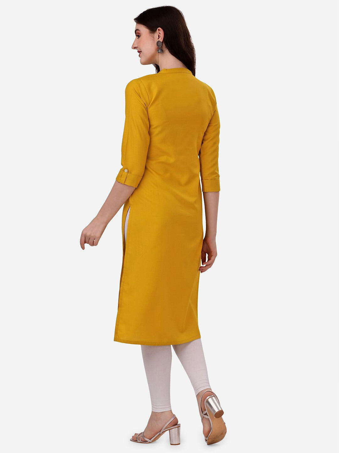 HERE&NOW Yoke Design Mandarin Collar Thread Work Cotton Kurta - Swadesiicart