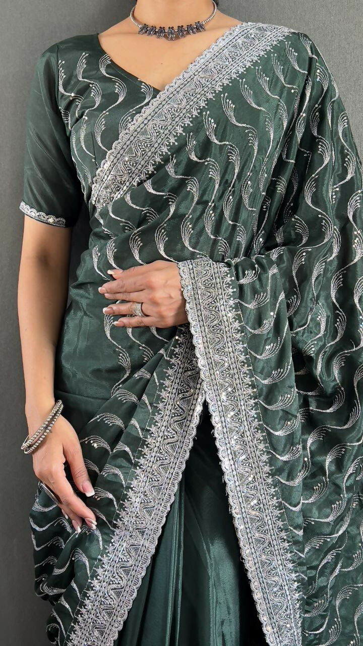 Vastranavya Sea Green Chinnon Silk Embroidery Multi Sequence & Arco Cut Work Ready to Wear Saree | Swadesiicart