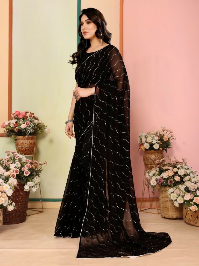Aafreen Partywear Designer Black Georgette Fancy Saree