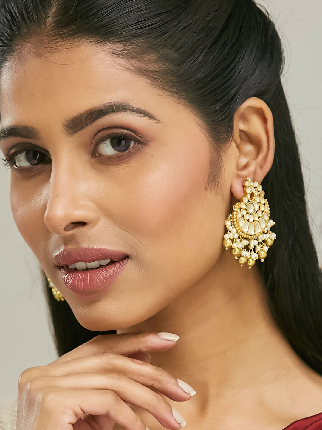 Nuyug 22K Gold-Plated Kundan Stone Studded & Pearl Drop Beaded Crescent Shaped Chandbalis | Swadesiicart