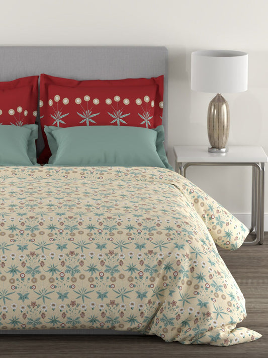 MYTRIDENT Beige Green Floral Cotton 144 TC Queen Bedsheet With 2 Pillow Covers - Swadesiicart