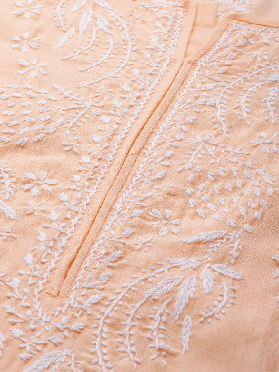 ADA Women Peach-Coloured & White Chikankari Embroidered Straight Sustainable Kurta | Swadesiicart