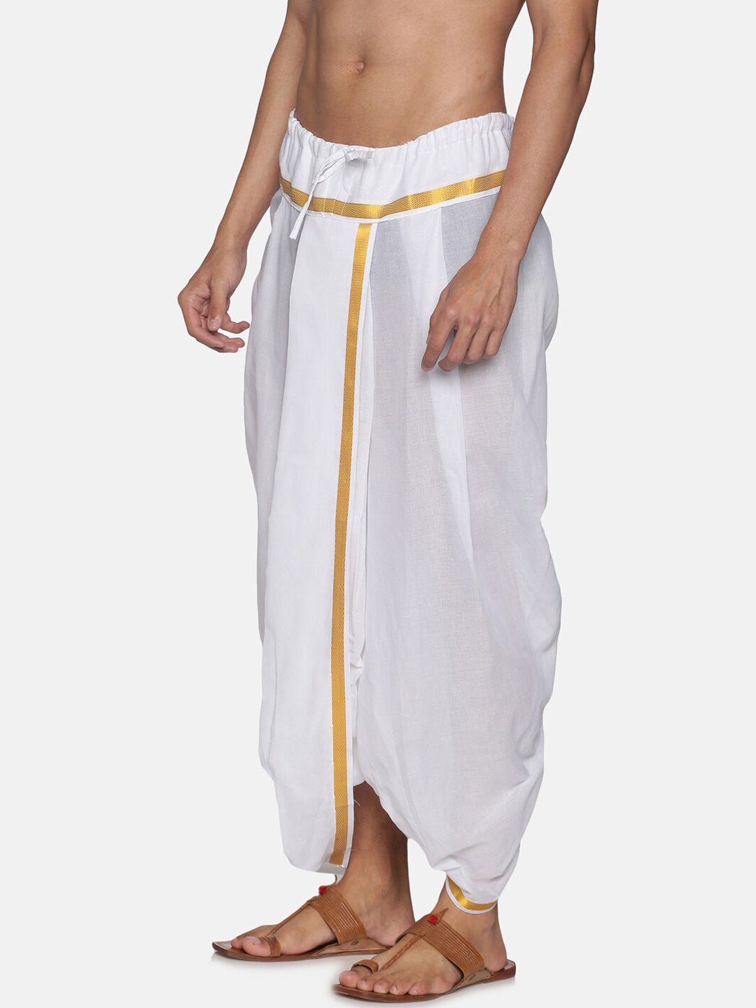 Sethukrishna Men White & Gold-Coloured Solid Readymade Cotton Dhoti Pant | Swadesiicart