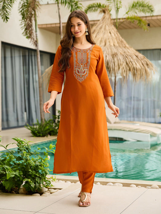 The52 Rust Women's Gorgeous Embroidered work Rayon Fabric Straight Kurta, Pant and Dupatta Set - Swadesiicart