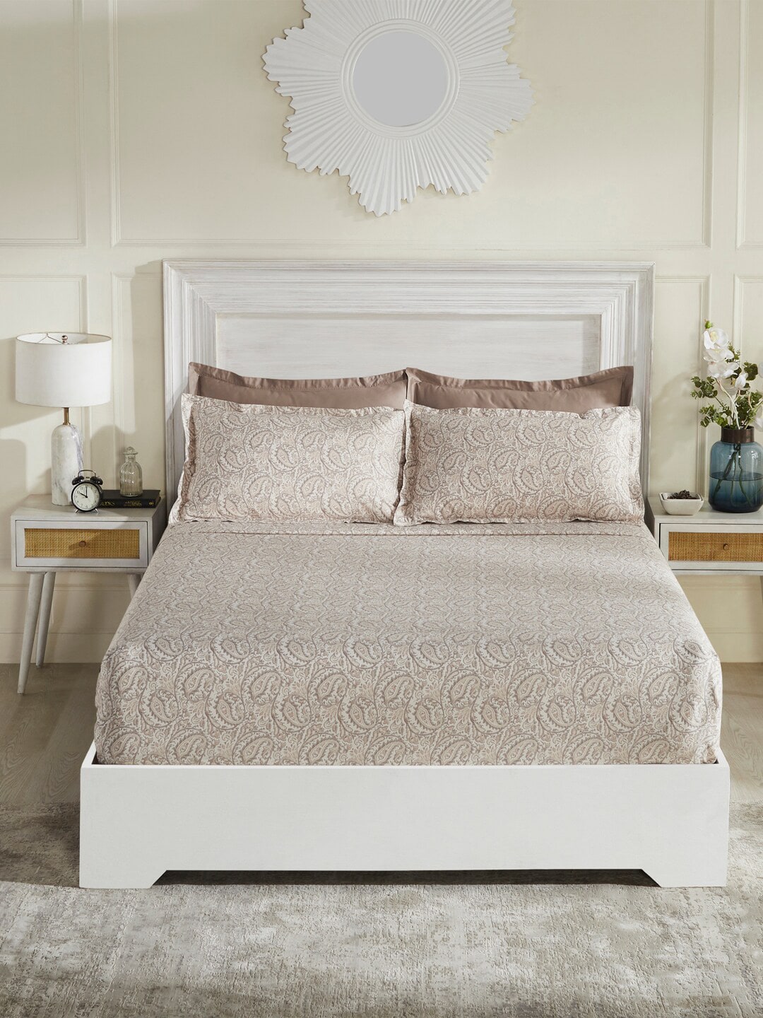 MYTRIDENTBeige White Ethnic Motifs 100% Cotton 400 TC King Bedsheet with 4 Pillow Covers - Swadesiicart
