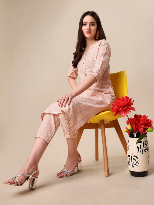 Kalini Women Woven Striped Thread Work Kurta with Trousers - Swadesiicart