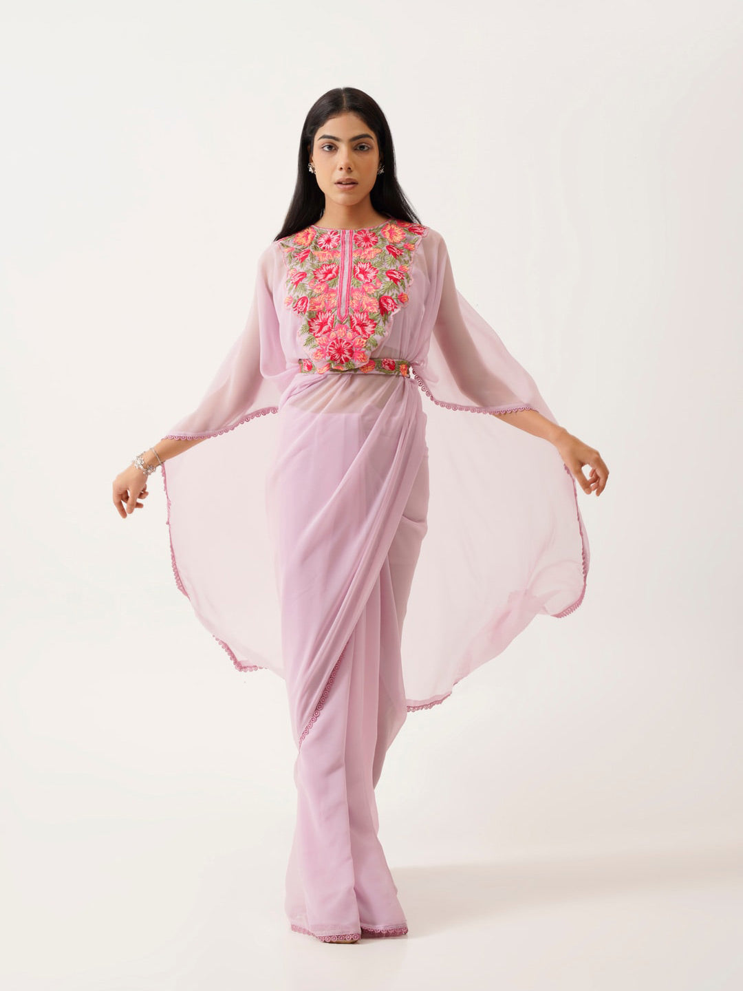 Tikhi Imli Lavender & Pink Floral Embroidered Belted Saree | Swadesiicart