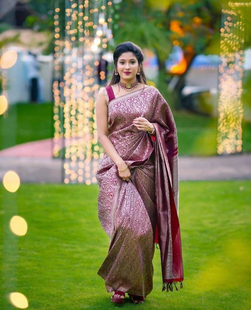 DEIANA'S Beautiful Designer Golden zari Soft Lichi Silk Saree - Wine - Swadesiicart