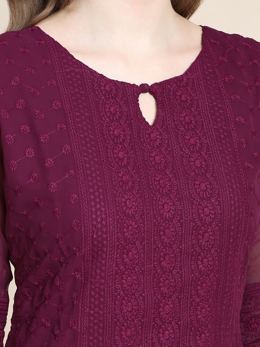Kalini Women Burgundy Ethnic Motifs Chikankari Kurta | Swadesiicart