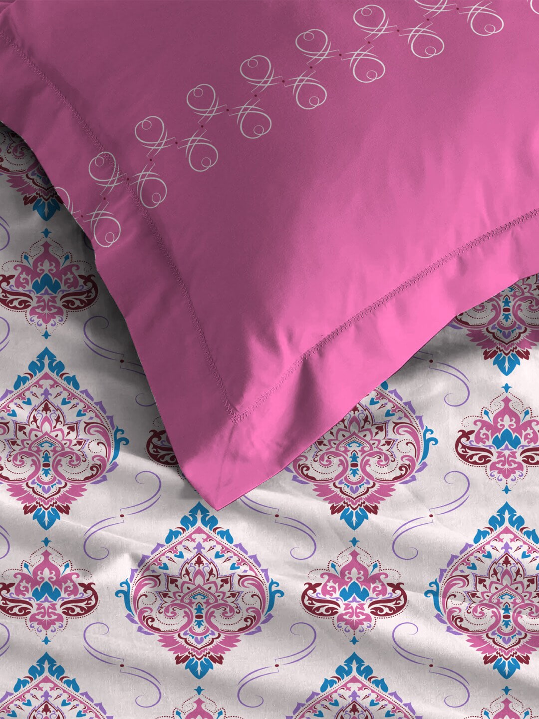 MYTRIDENT Moments Pink White Ethnic Pure Cotton 120 TC Queen Bedsheet Pillow Covers - Swadesiicart