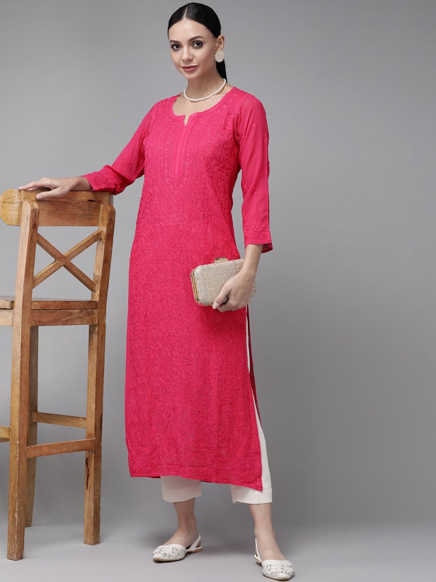 ADA Women Magenta & Magenta Ethnic Motifs Embroidered Chikankari Georgette Kurta | Swadesiicart