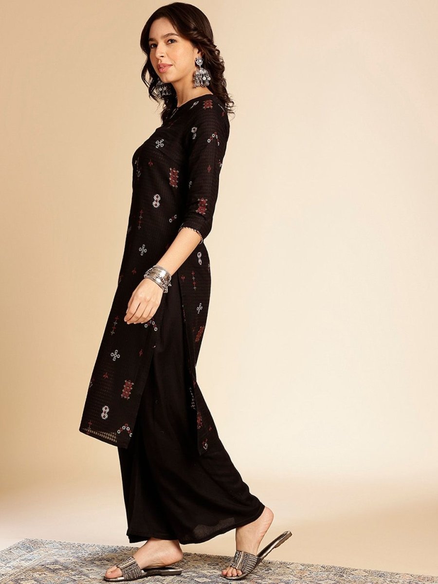 Anouk Black Ethnic Motifs Printed Round Neck Gotta Patti Cotton Straight Kurta - Swadesiicart