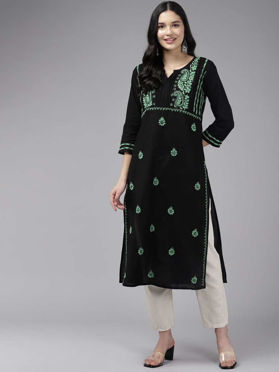 ADA Women Ethnic Motifs Embroidered Cotton Chikankari Floral Kurta | Swadesiicart