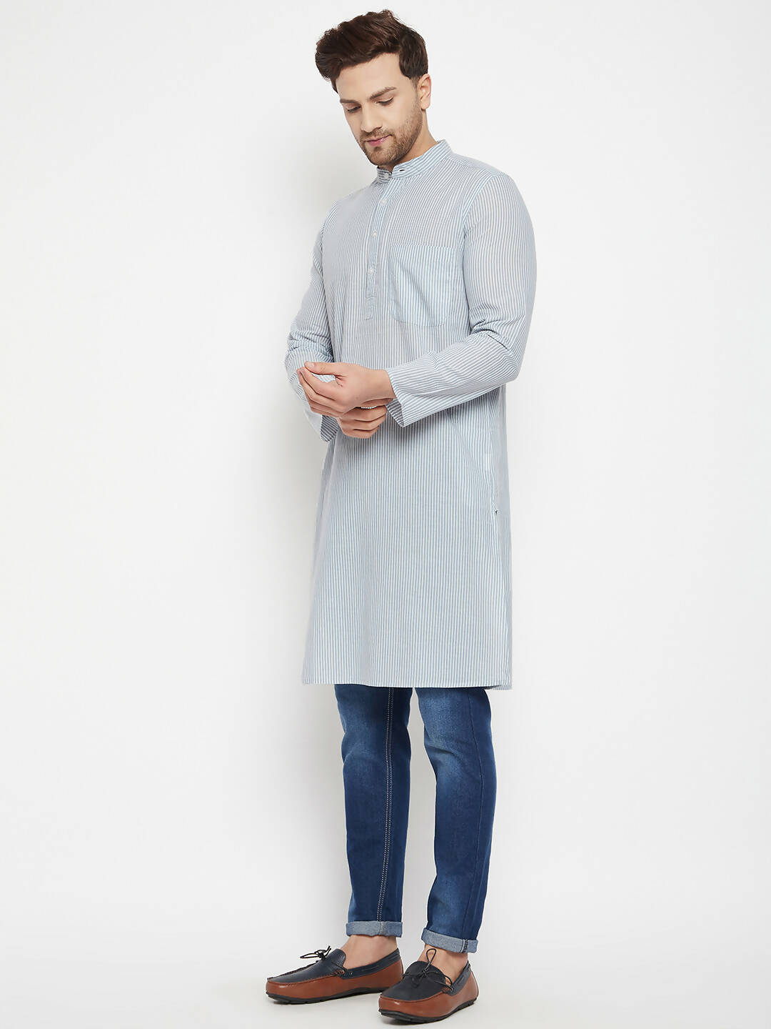 Even Apparels Grey Pure Cotton Men's Long Kurta With Band Collar | Swadesiicart