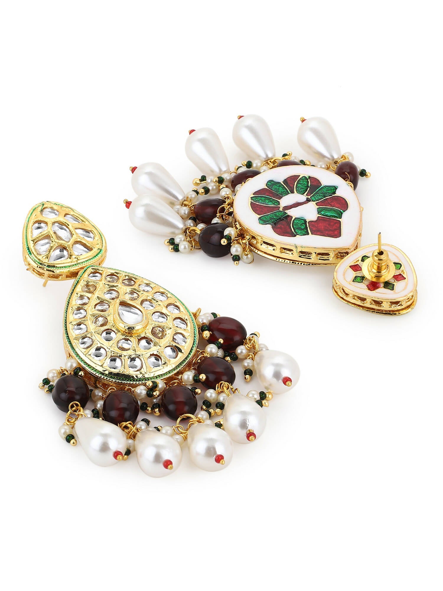 Gold-Toned White Kundan Contemporary Gold-Polished Jhumkas Earrings - Ruby Raang | Swadesiicart