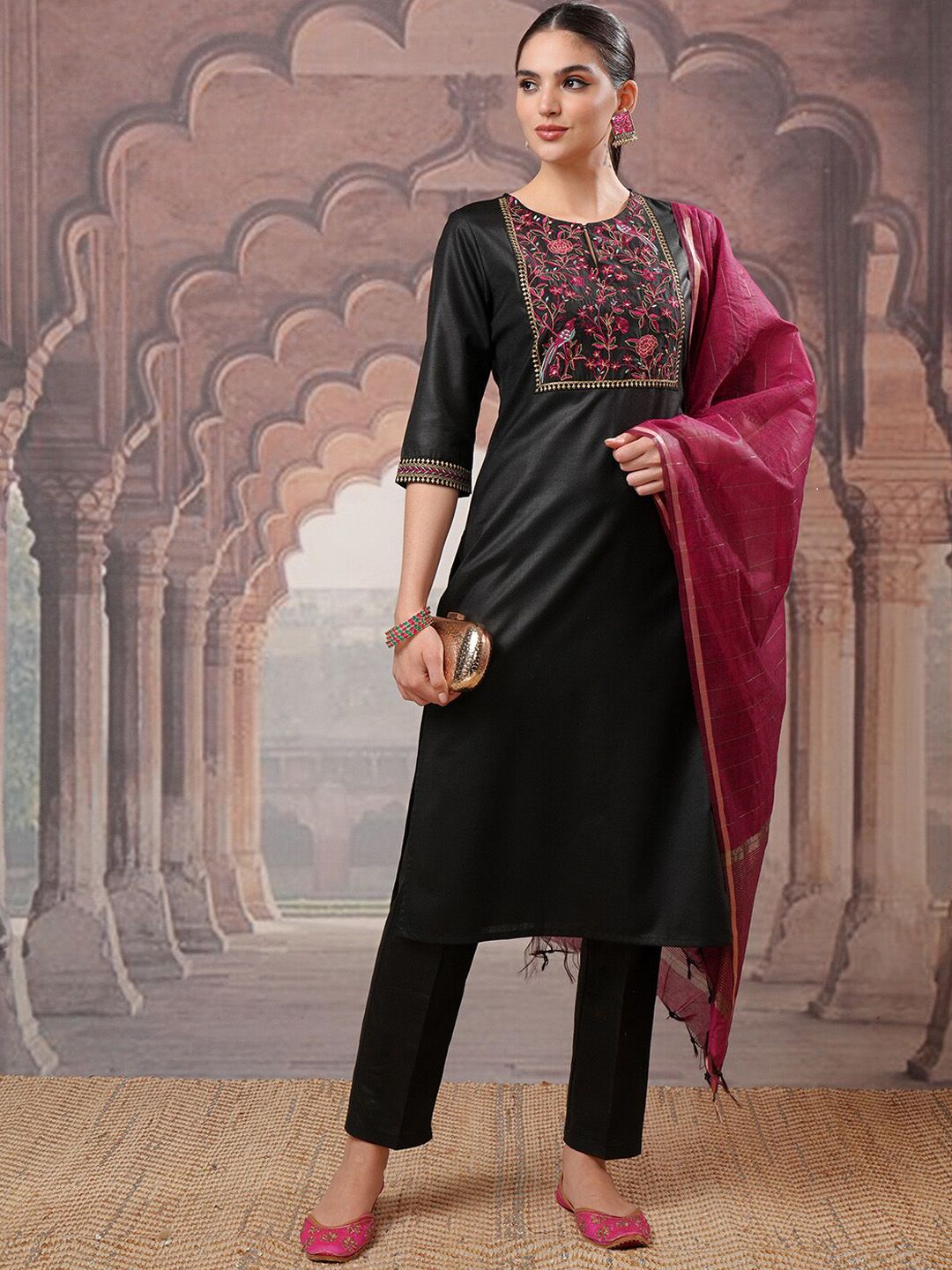 Vishudh Black Yoke Design Thread Work Kurta with Trouser & Dupatta - Swadesiicart