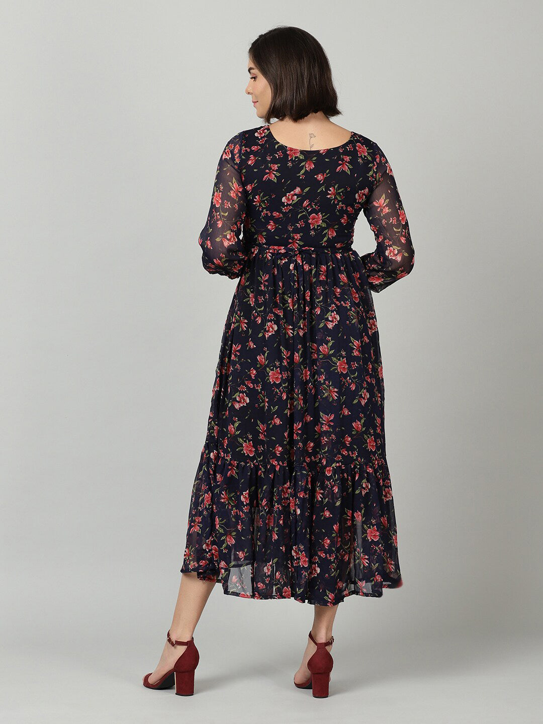 Souchii Women Navy Blue & Red Floral Chiffon A-Line Tiered Dress - Swadesiicart