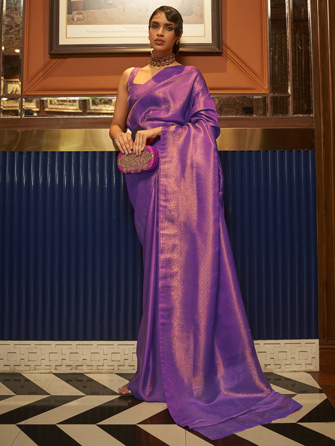 Mitera Purple & Gold-Toned Ethnic Motifs Zari Banarasi Saree | Swadesiicart