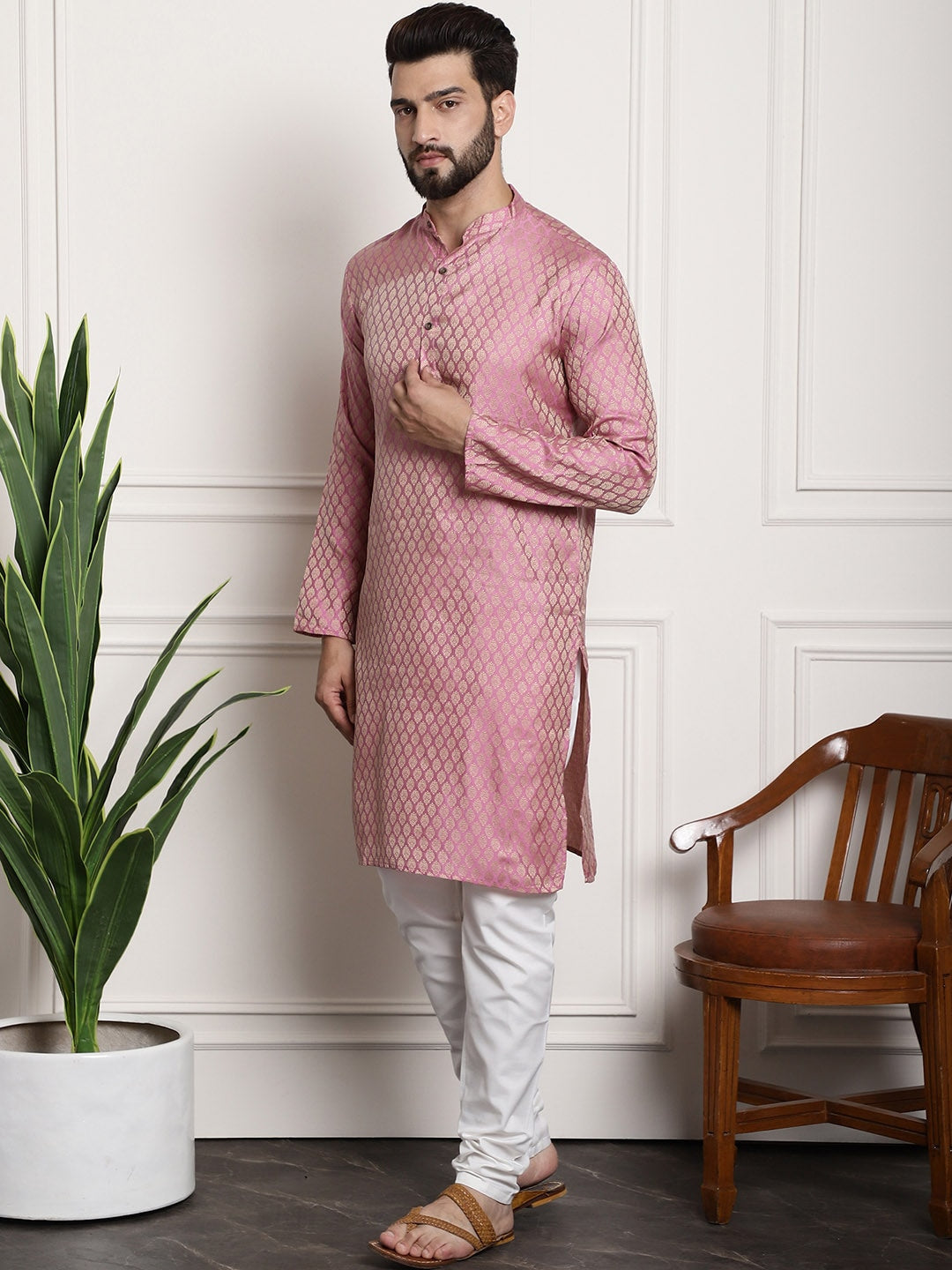 Sojanya Men Pink & Off-White Woven Design Kurta with Churidar | Swadesiicart