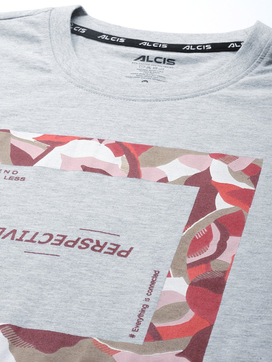 Alcis Men Grey Melange Typography Printed Slim Fit Gym T-shirt | Swadesiicart
