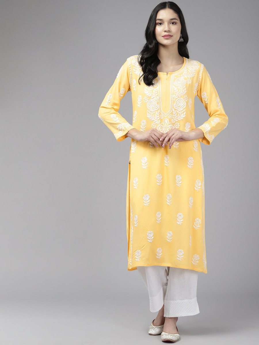 ADA Floral Embroidered Lucknowi Chikankari Cotton Silk Straight Kurta | Swadesiicart