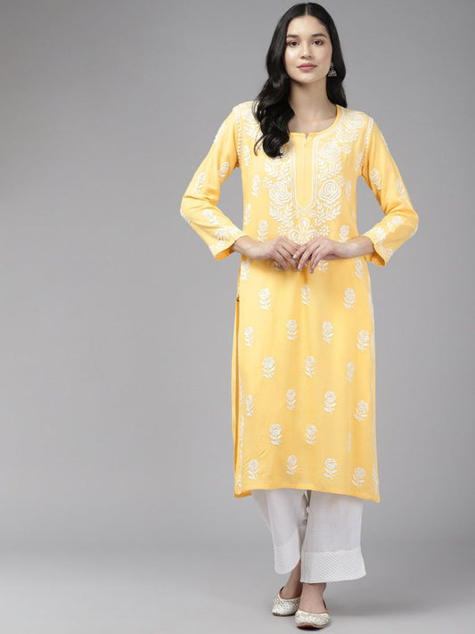 ADA Floral Embroidered Lucknowi Chikankari Cotton Silk Straight Kurta | Swadesiicart