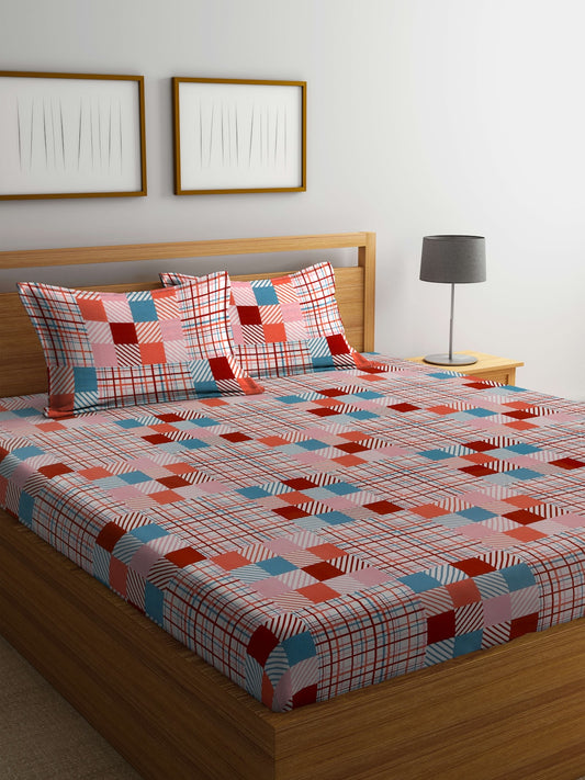 BOMBAY DYEING Marigold Pink Geometric Cotton 104 TC King Bedsheet & 2 Pillow Covers - Swadesiicart