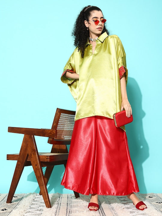 InWeave Women's Olive Red Brocade Satin Boho Kurta Red Palazzo Set - Swadesiicart