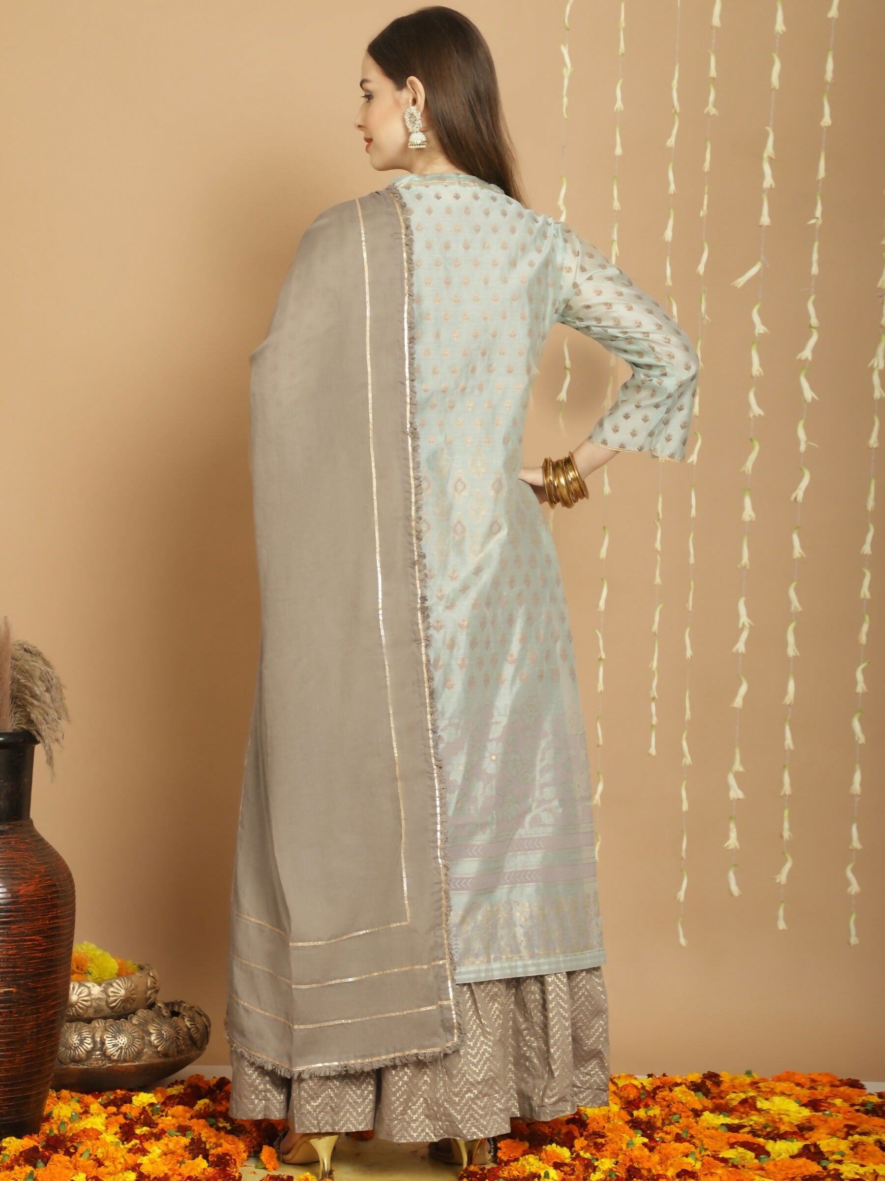 Jyoti Fashion Women's Green Chanderi Silk Elegant Jardoshi Semi Kurta with Trouser & Dupatta | Swadesiicart
