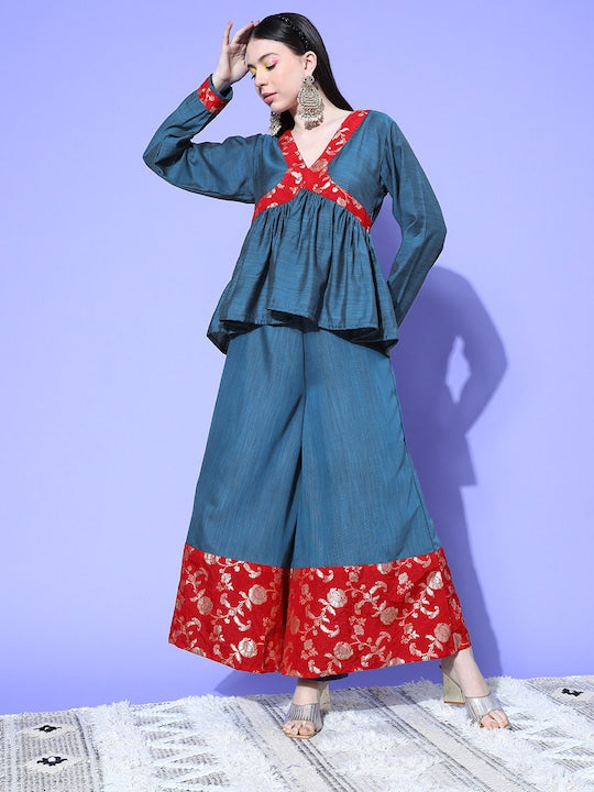 InWeave Women's Teal Red Brocade Mughal Shaan Kurta Palazzo Set - Swadesiicart