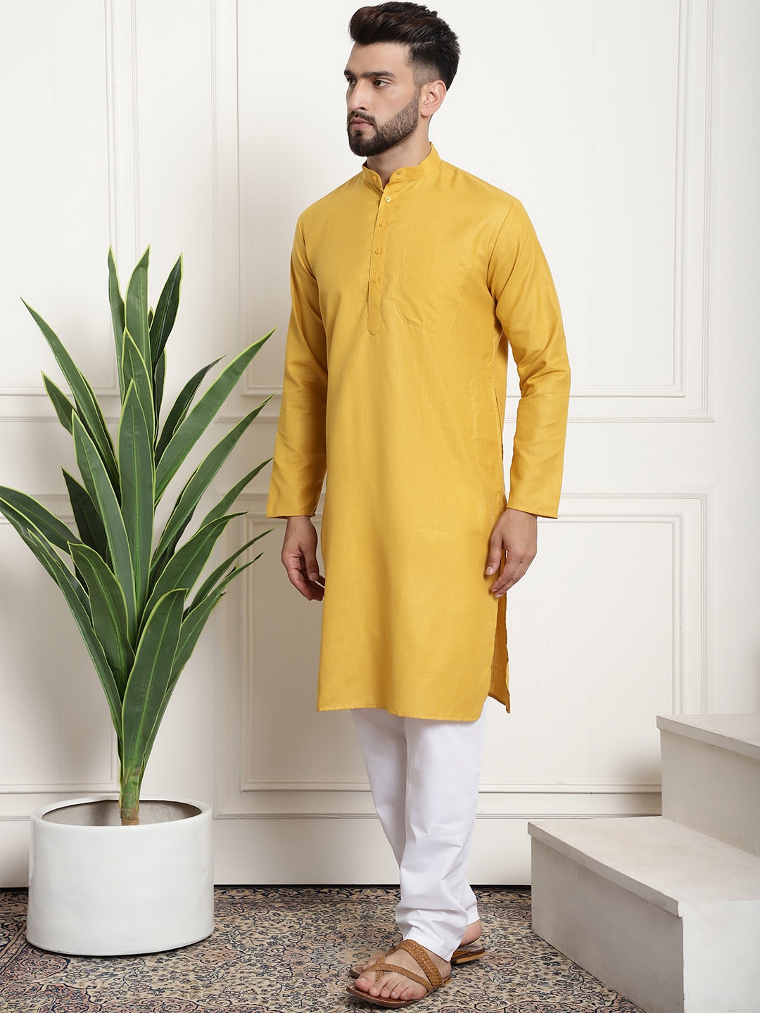 Sojanya Men Mustard Yellow Pure Cotton Kurta with Churidar & Nehru Jacket | Swadesiicart