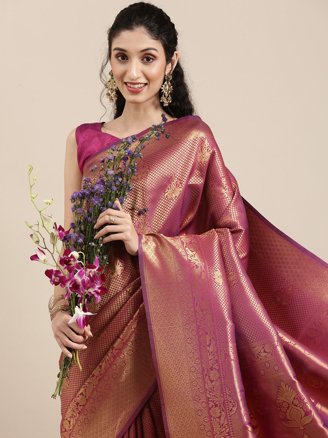 Saree Mall Magenta Ethnic Motifs Zari Silk Blend Banarasi Saree | Swadesiicart