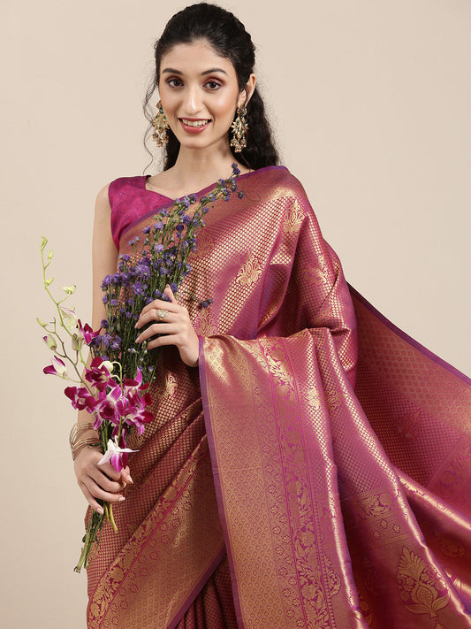 Saree Mall Magenta Ethnic Motifs Zari Silk Blend Banarasi Saree | Swadesiicart
